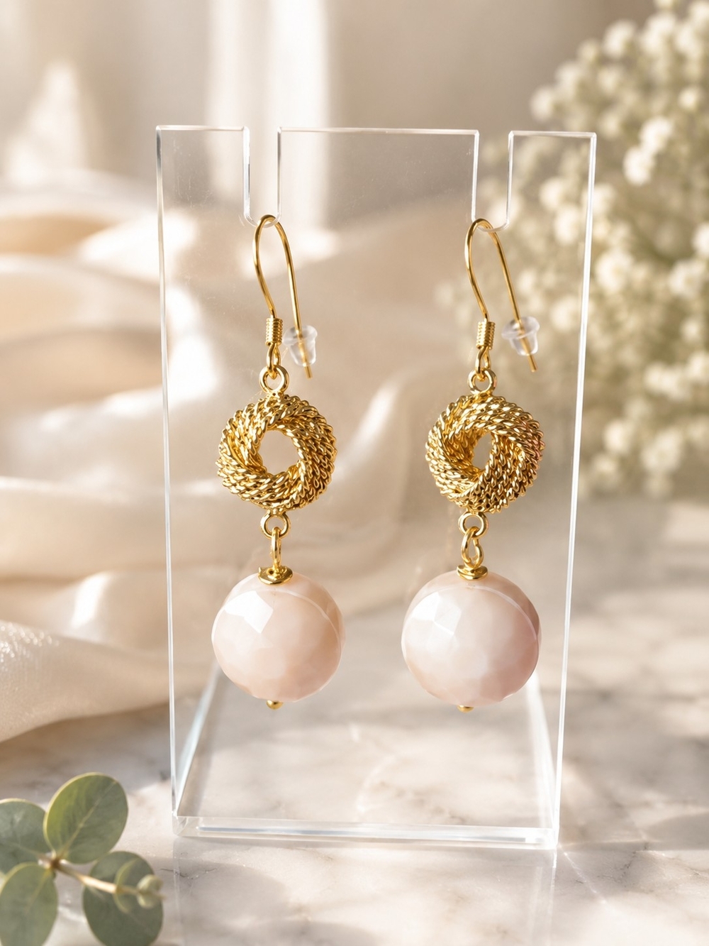 Gold Knot Drop Earrings with Blush Faceted Beads